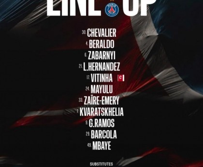 巴黎客战欧塞尔首发：维蒂尼亚、巴尔科拉先发，登贝莱、杜埃替补